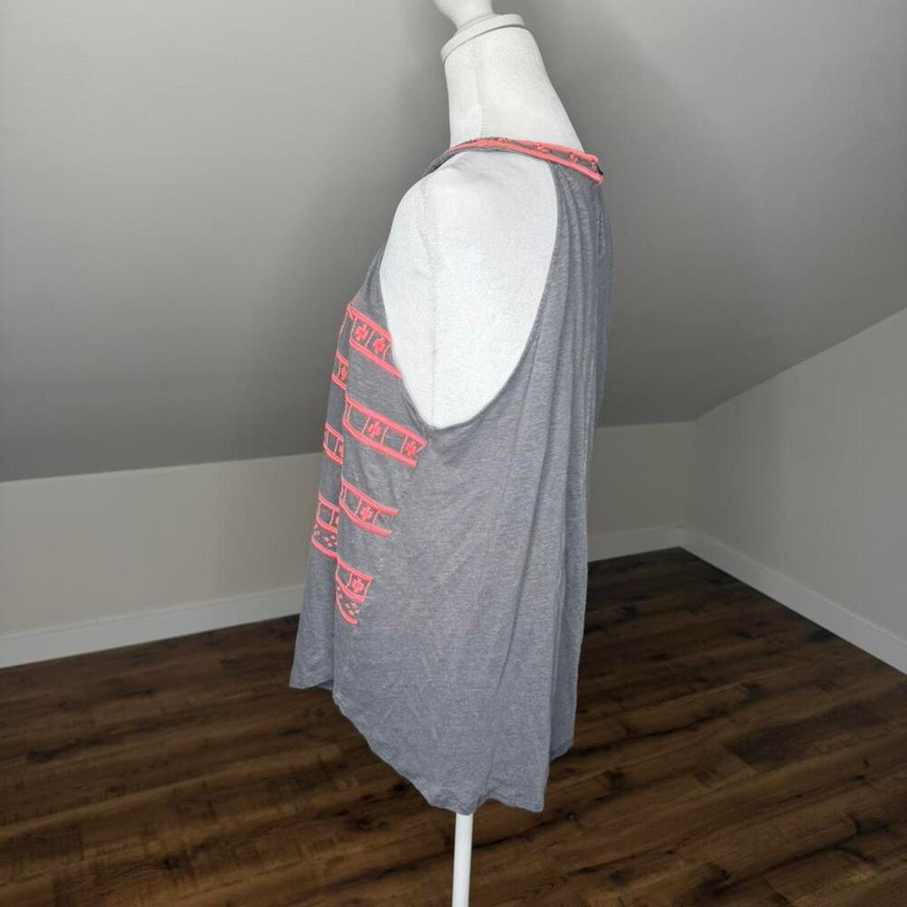 Sundance Gray Linen Embroidered Tank Top Neon Coral Boho Festival Tunic - Picture 5 of 7